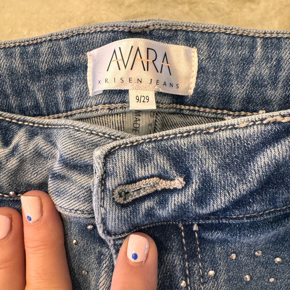 AVARA Risen Carrie Rhinestone Embellished Light Blue Wide-Leg Jeans - Picture 8 of 8